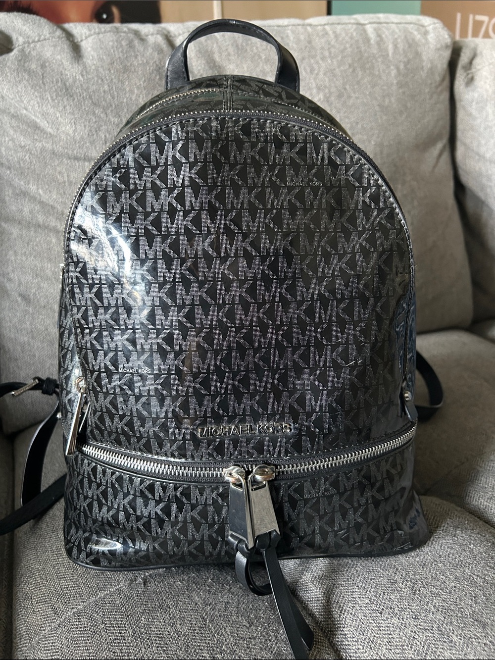 Michael Kors Rhea zip glossy Black MK Monogram Backpack